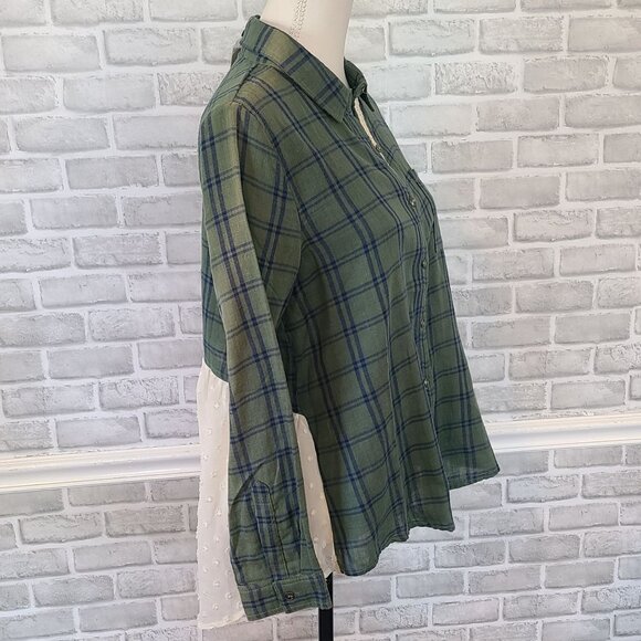 Boutique Plaid Flannel Shirt Lace Panel Shirt L NEW Cozy Feminine Long Sleeve - Picture 3 of 9